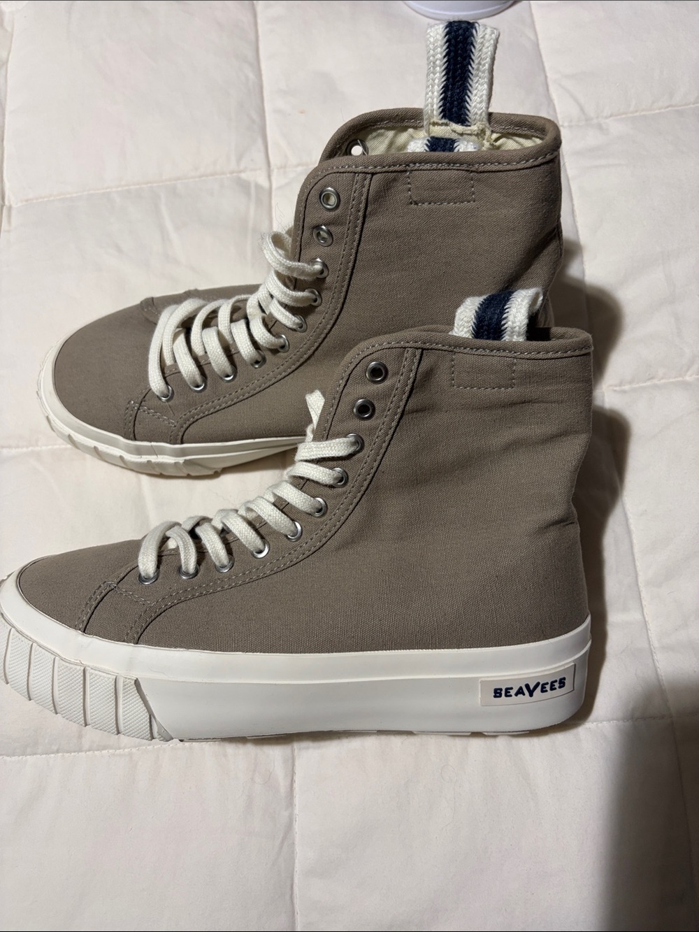 SeaVees High-Top Canvas Sneakers — Taupe with White Trim